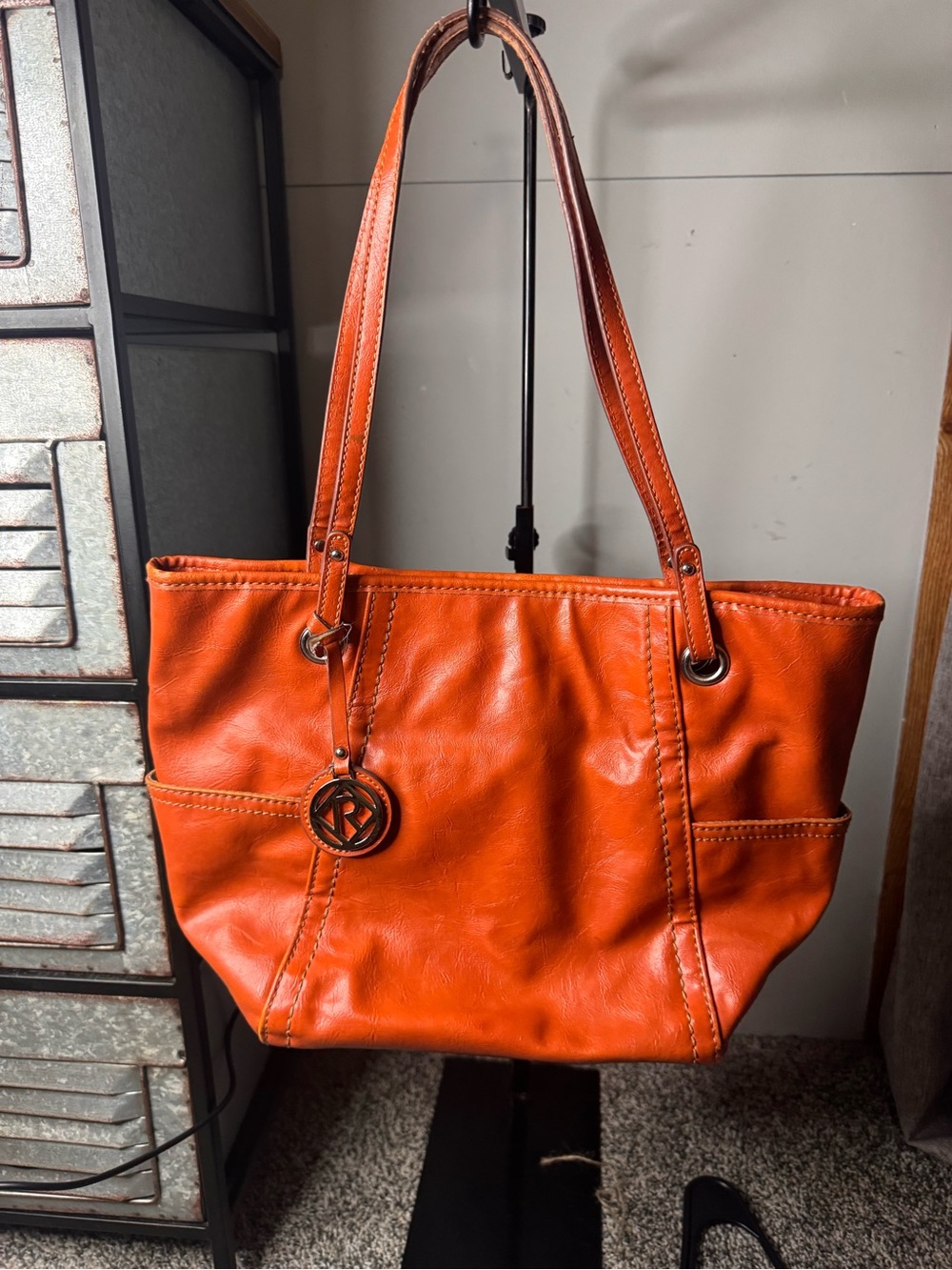 Relic Orange Leather Tote with Exterior Pockets